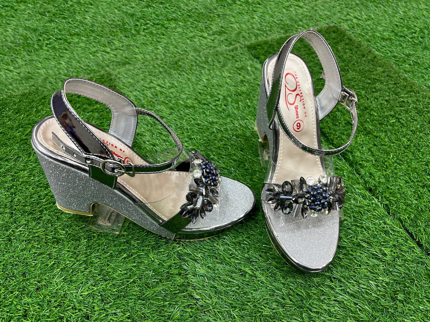 Grey Glam Block Heel Sandals with floral embellished transparent front strap