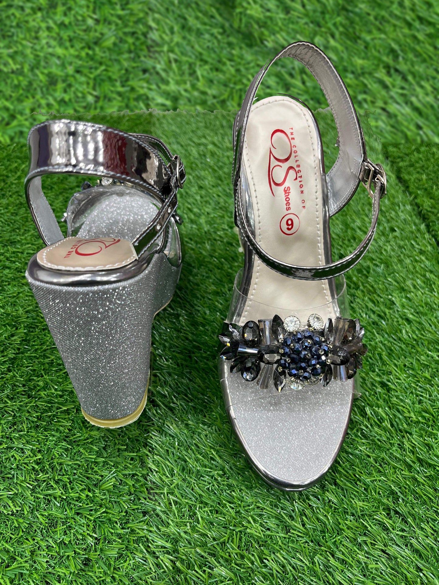Grey Glam Block Heel Sandals with floral embellished transparent front strap