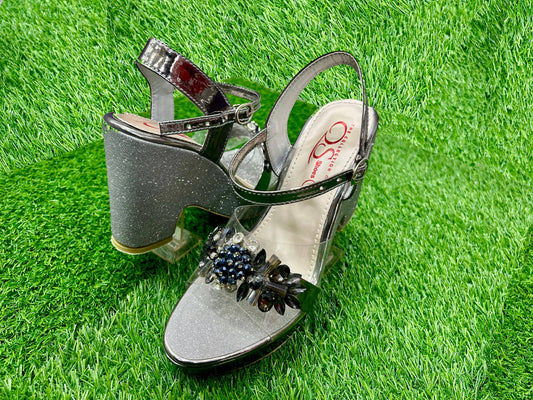 Grey Glam Block Heel Sandals with floral embellished transparent front strap