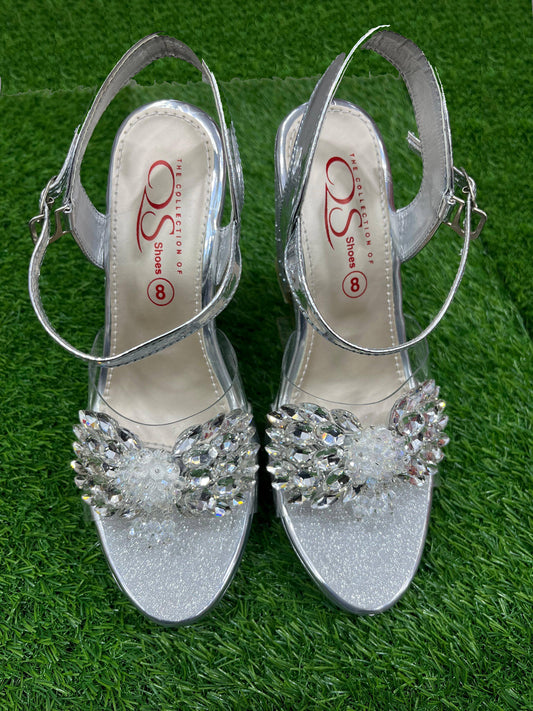 Premium Crystal Cluster Silver Block Heels